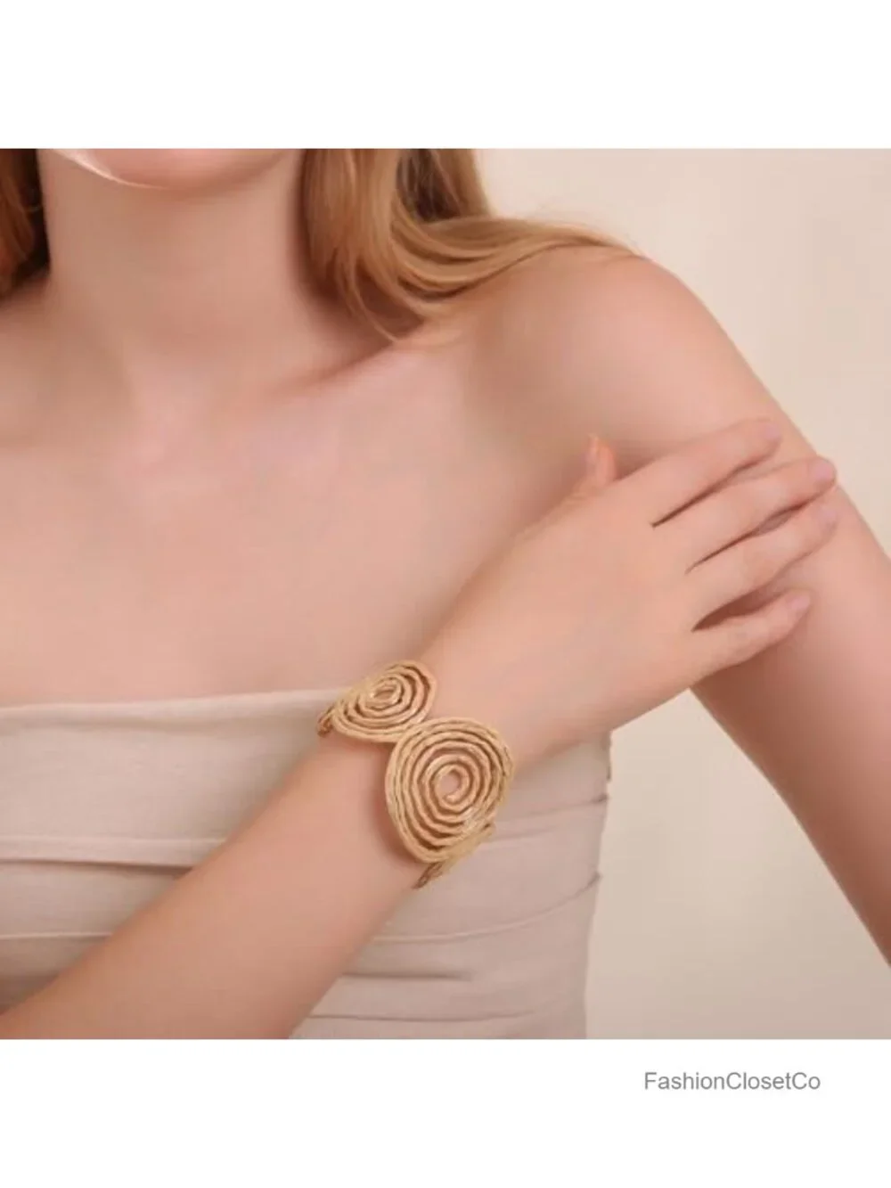 Handmade Raffia Spiral Cuff Bracelet Chunky Bangle Rattan Statement Bracelet